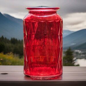 Boutique Diamond Vase Ruby Red Color Glass Jar Geometric Pattern 7 x 4-inch Gift